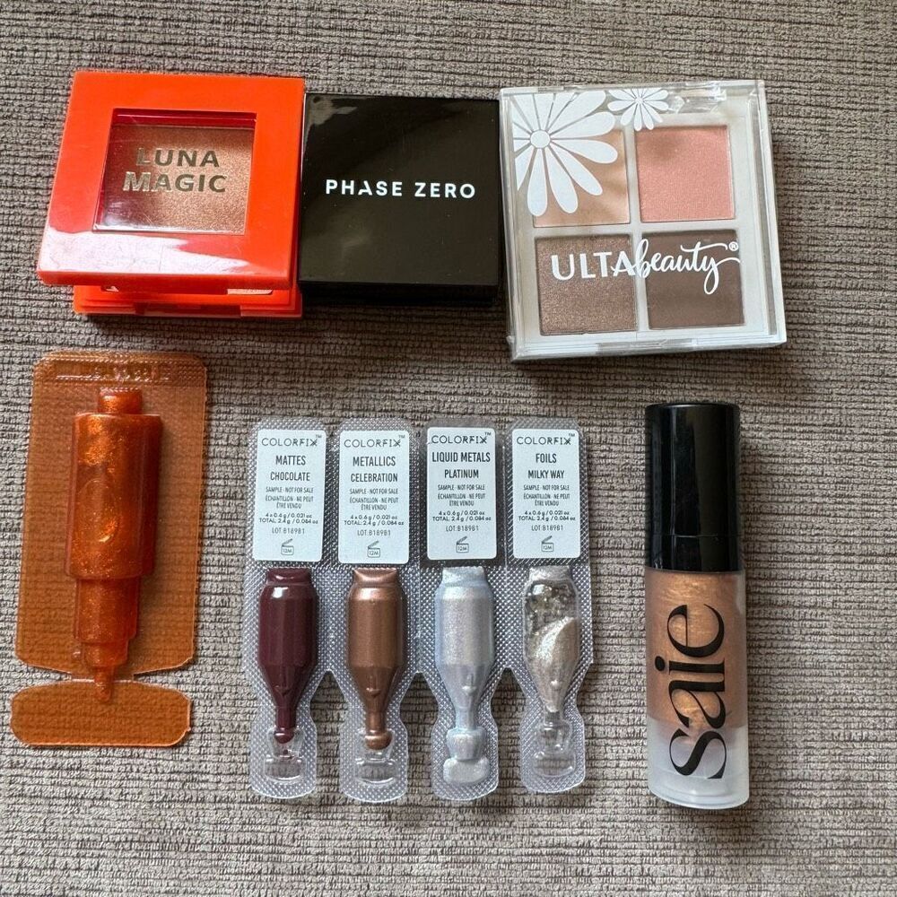 Set of 6 makeup items: 2 highlighters, liquid pigment, eye shadow New